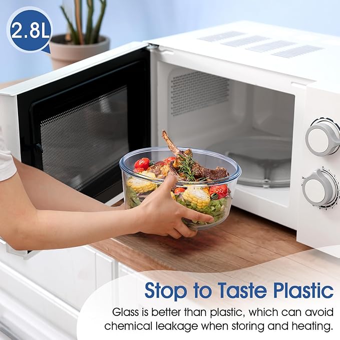 2.8L Glass Food Storage Containers Set, Round Meal Prep Containers, Glass Bowls With Lid