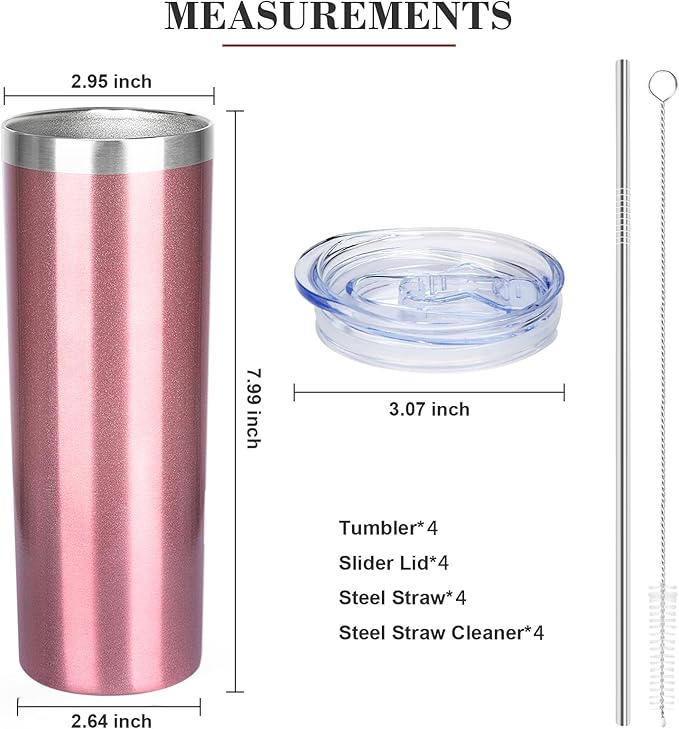 20 oz Skinny Tumblers with Lid and Straw,Stainless Steel Vacuum Insulated Tumbler Cup Double Wall Travel Coffee Mug, Thermal Water Tumbler for Hot and Cold Drinks(Rose Gold,4)