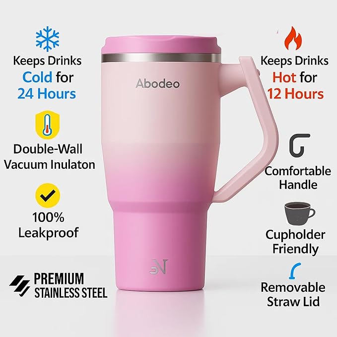 40 oz Tumbler with Straw and Leakproof Lid | Insulated Stainless Steel Tumbler | Travel Coffee Mug with Rotatable Handle | Fits Most Car Cup Holders (Dark & Light Pink)