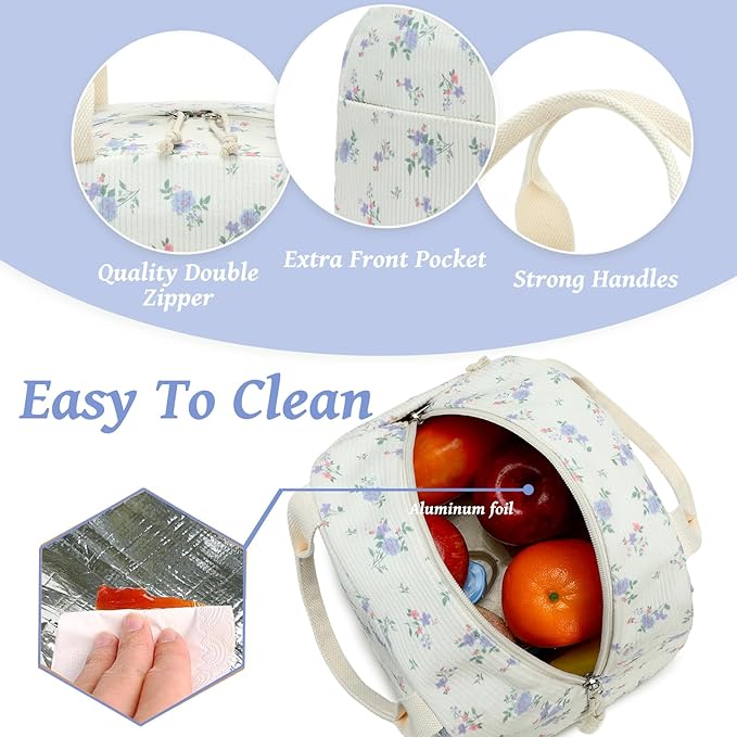 Bluboon Lunch Bag for Women Men Cute Corduroy Lunch Tote Bags Reusable Insulated Lunch Box Large Capacity Reusable Insulated Cooler for Work Picnic or Travel