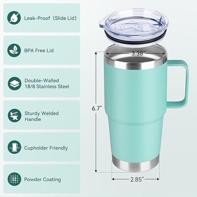 20oz Tumbler with Lid, Stainless Steel Tumbler with Handle, Metal Insulated Travel Coffee Mug with Handle, Double Wall Vacuum Spill Proof Tumbler Cup, Mint Green 1 Pack