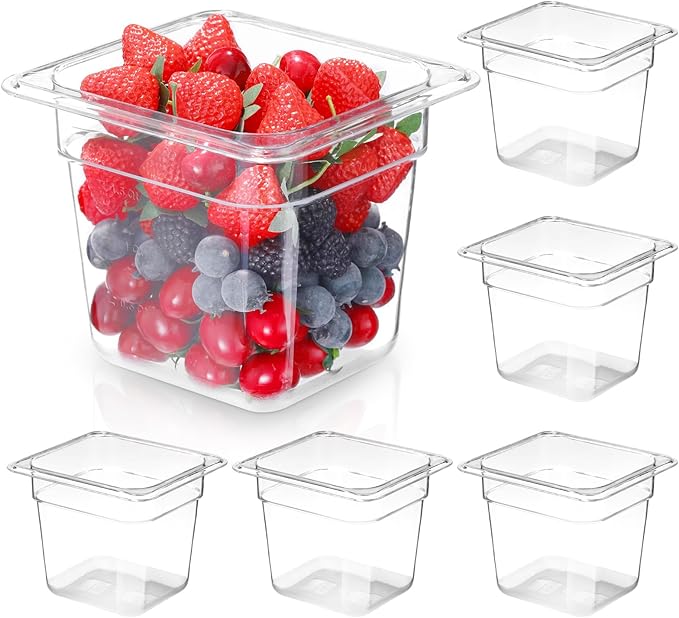 6 Pack 6'' Deep NSF Food Pans 1/6 Size | Commercial Food Storage Containers | Polycarbonate Plastic Pans for Restaurant | Commercial Grade for Food Prep | Clear