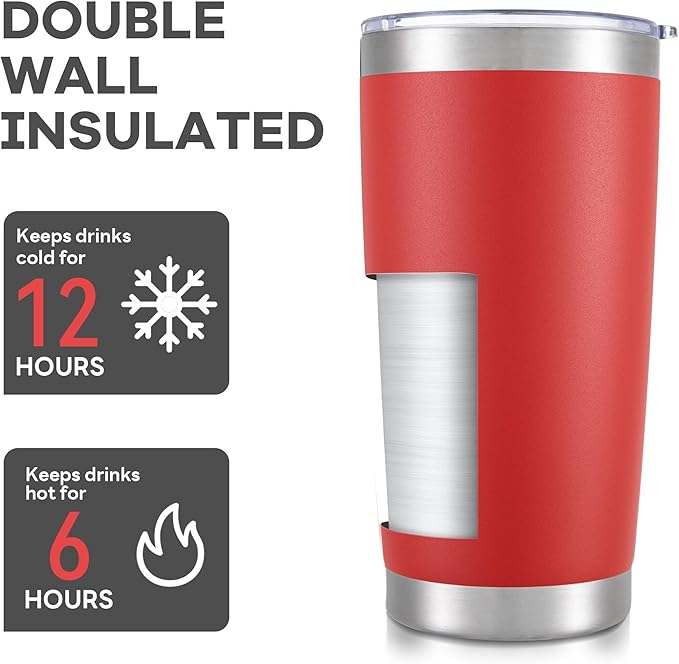 20 oz Tumbler with Lid Stainless Steel Double Wall Vacuum Insulated Tumblers Powder Coated Cups Travel Mug Keep Drinks Cold and Hot, Wine Red