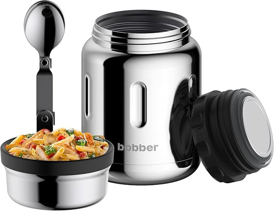 BOBBER 24 Oz Stainless Steel Thermos Food Jar with Folding Spoon and Extra-Wide Mouth – Insulated Soup Thermos for Hot Food, Keeps Hot for 14 Hours and Cold for 20 Hours (Glossy)