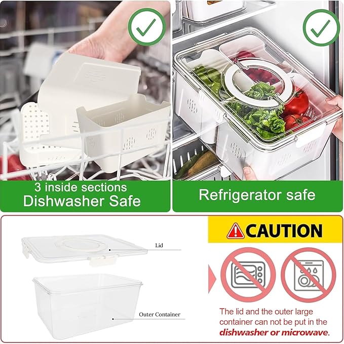 shopwithgreen Storage Containers for Fridge with Lid and Handle, Portable Food Box Container with 3 Removable Colanders, Fresh Produce Saver for Fruit, Vegetable, Refrigerator, Kitchen, Home, Picnic