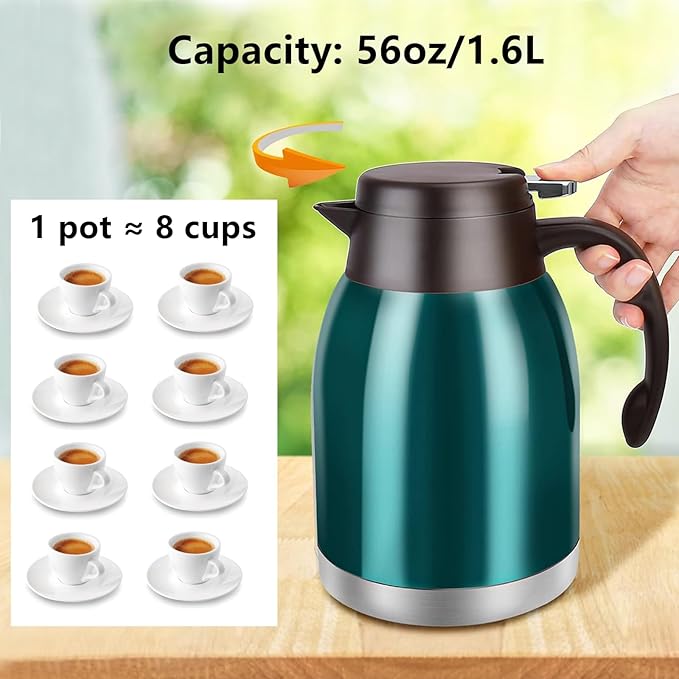 54oz Stainless Steel Thermal Coffee Carafe Dispenser, Unbreakable Double Wall Vacuum Flask 1.6L Water Tea Pot Beverage Pitcher for Hot Coffee for Christmas Carafe (Green)