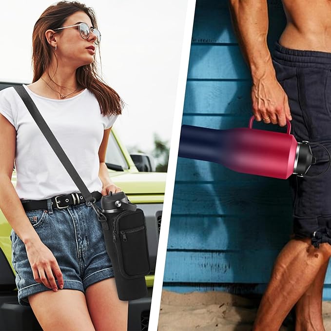 Water Bottle 40oz with Handle Insulated,LeakProof Stainless Steel Tumbler with Lid and Straw, Thermal Cups w/Carrier Pouch with Strap & Protective Boot, Thermo Coffee Flask Fit in Cup Holder