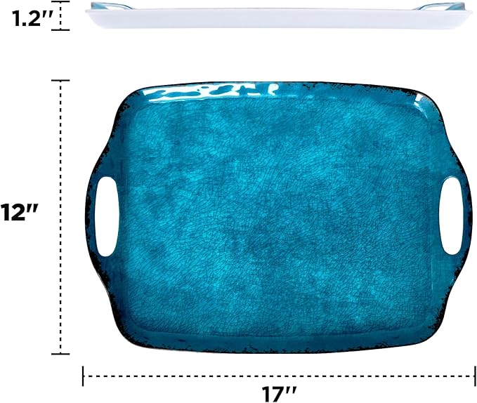 TP Serving Trays with Handles, 17 Inch Large Rectangular Melamine Serving Platter Set of 2, Retro Teal