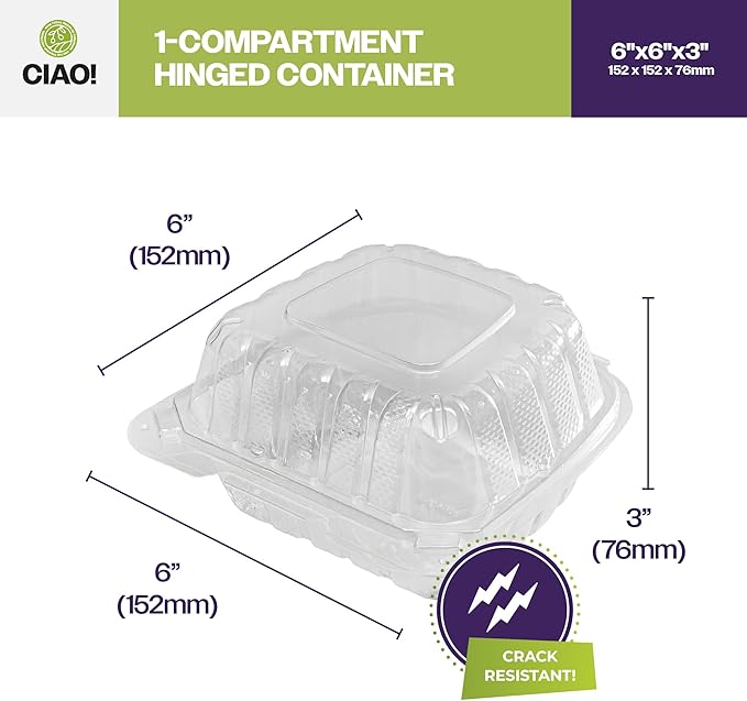 CIAO! 6"x6"x3" 1 Compartment PP Plastic Clear Hinged Container for Take Out (Case of 300)