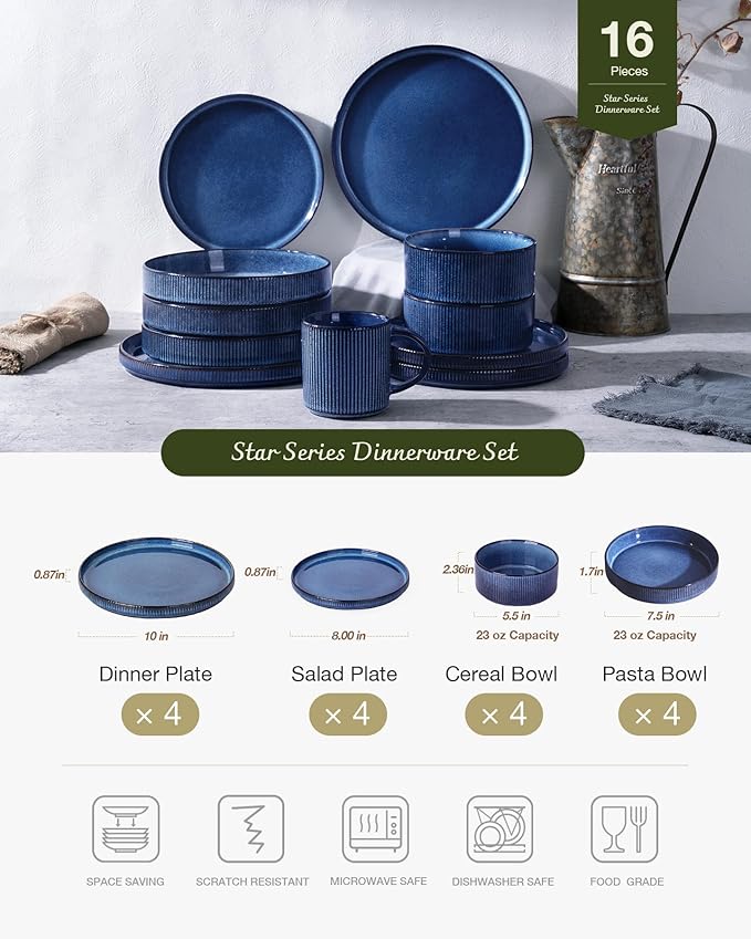 Famiware Star Dinnerware Set with Pasta Bowls, Service for 4 (16pcs), Ribbed Stoneware Plates and Bowls Dishes Sets - Chip & Scratch Resistant, Microwave & Dishwasher Safe, Nebulas Blue