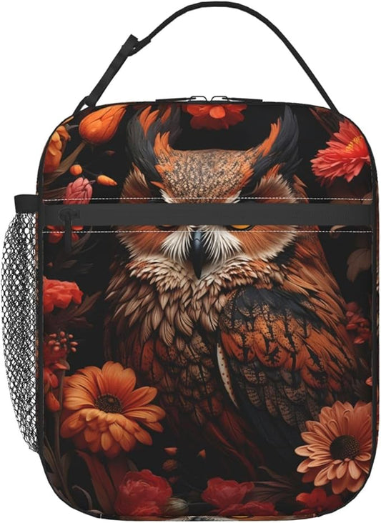 Reusable Autumn Owl Lunch Box for Kids, Insulated Vibrant Floral Bird Bag,Polyester Cooler Animal Lovers Handbags Case for School Picnic Work Travel Beach or Hiking, Gifts
