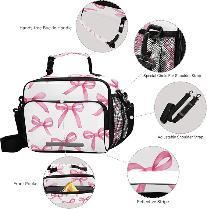 ALAZA Pink Bows Girls Lunch Box Kids Lunchbox Insulated Reusable Meal Container Lunchbag with Shoulder Strap
