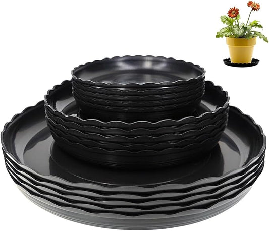 15 Pcs Plant Saucer Set, 6, 8, 10 Inch Plastic Pot Trays, Flower Planter Saucers, Drip Trays for Indoor/Outdoor, Sturdy Plant Plate Water Catcher (Black)