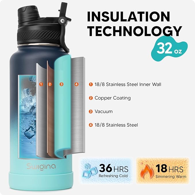 [2-IN-1 LID] Insulated Water Bottle with Silicone Boot (36hrs Cold/18hrs Hot) - DIY Stickers, Leakproof, BPA Free, 32 oz