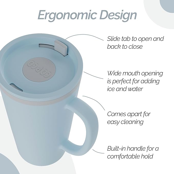 Copco Cone 16oz Insulated Travel Mug with Handle, Double Wall, Slide-Closure Lid, BPA-Free, Microwave & Dishwasher Safe, Reusable Plastic Travel Coffee Tumbler - Portable Coffee Cup (Light Blue)