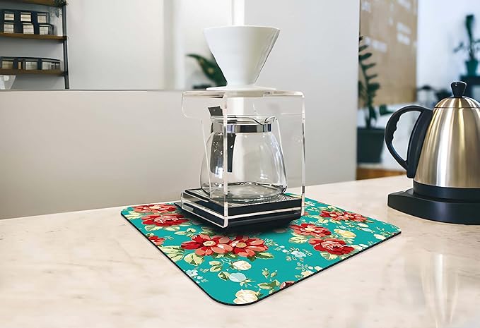 Rubber Dish Drying Mat for Kitchen Counter Large Boho Flowers Washable Quick Home Coffee Pad Fit Under Sink,Bar,Utensils 16x18in