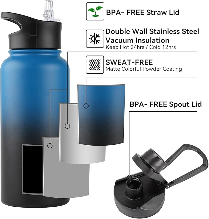 32 Oz Insulated Water Bottle Bulk 8 Pack, Stainless Steel Sports Water Bottles with Straw Lid & Wide Mouth Lids, Double Walled Vacuum, Leak Proof, Blue Black Gradient
