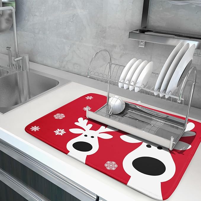 Christmas Dish Drying Mat for Kitchen Counter Cute Reindeer Winter Microfiber Absorbent Dish Draining Reusable Washable Foldable Extra Large 18"x24"