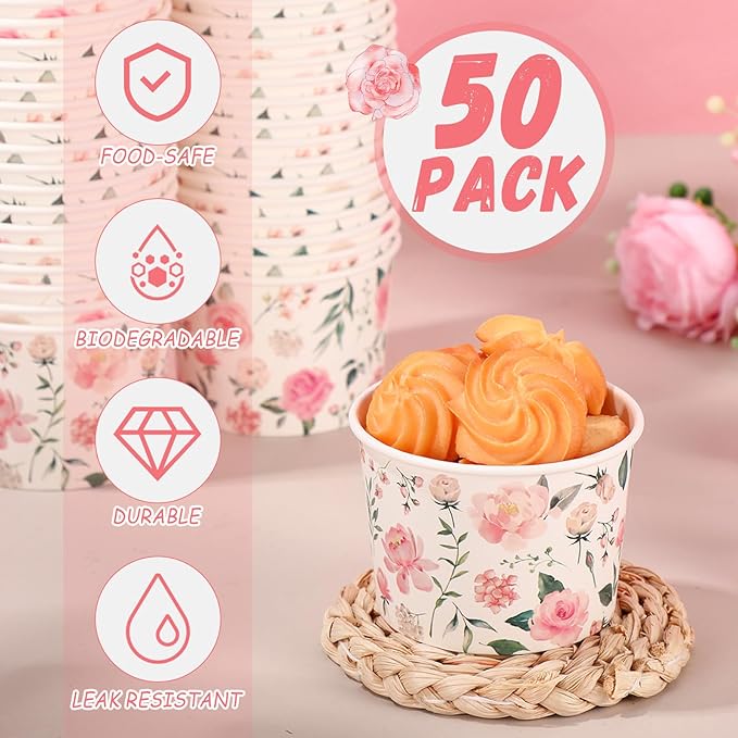 50 Pack Pink Floral Treat Snack Cups Floral Paper Ice Cream Cups 9 oz Rose Flower Disposable Dessert Bowls Paper Soup Bowls for Hot or Cold Food Wedding Baby Shower Birthday Party Supplies