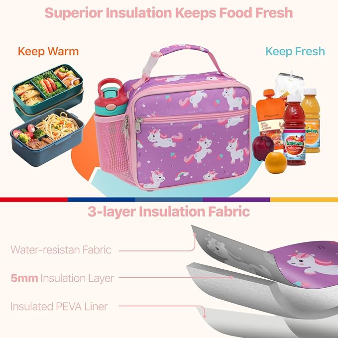 Bagseri Kids Lunch Bag for Girls - Insulated Kids Lunch Box for Daycare and School Reusable Meal Tote Bag with Water Bottle Holder, Easy-Clean Water-Resistant Fabric, Purple Cute Unicorn