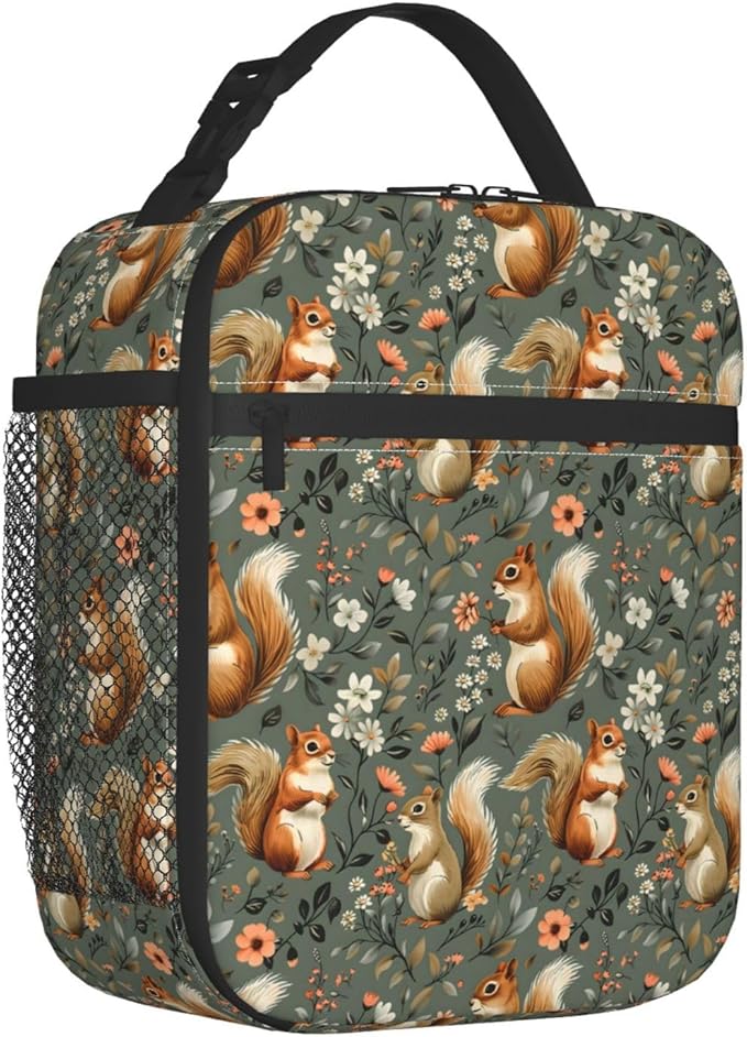 Reusable Squirrel Lunch Box for Kids, Insulated Woodland Floral Green Bag,Polyester Cooler Nature Lovers Handbags Case for School Work Picnic Travel Beach or Hiking, Gifts