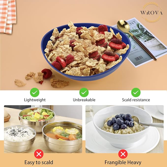 Wrova 65oz Large Salad Bowls Deep Blue - Wheat Straw Serving Bowls Set of 4 - Unbreakable Serving Bowls Dishware & Microwave Safe - BPA Free Bowl for kitchen,camping