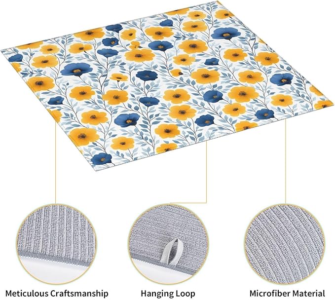 Blue Yellow Floral Dish Drying Mats for Kitchen Counter, 16" x 18" Absorbent Microfiber Drying Pad for Dishes, Decorative Kitchen Mat for Sink & Dining Area, Washable Foldable Reversible, Home Decor