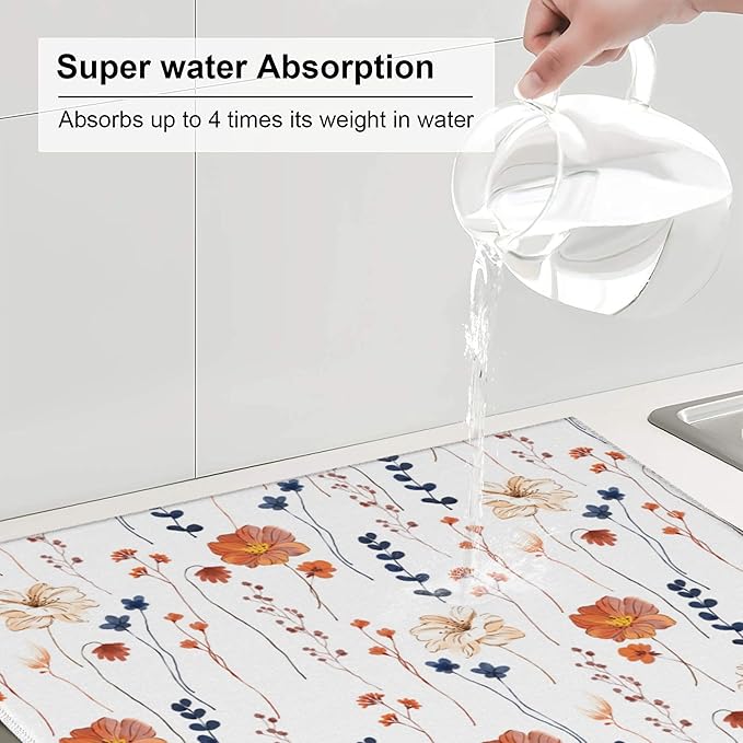 Watercolor Orange Floral Dish Drying Mat for Kitchen Counter Washable Absorbent Reversible Microfiber Orange Flower Decorative Drying Pad Kitchen Accessories 16"x18"