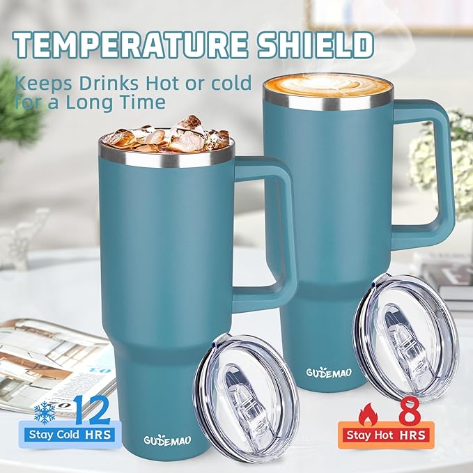 40 oz Insulated Coffee Mug with Ceramic Coating, Stainless Steel Travel Coffee Tumbler with Handle Lid and Straw, Double Wall Leak-Proof Coffee Travel Mug Keeps Drink Hot and Cold (Lake Green)