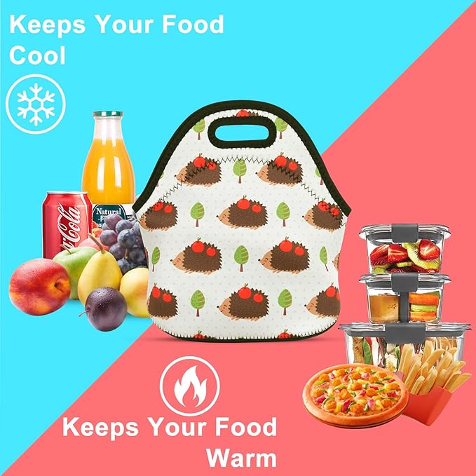 Violet Mist Womens Cute Reusable Neoprene Lunch Bag Insulated Lunch Box Hedgehog Animal Thermal lunch bags Waterproof lunchbags Food Handbags Meal Prep Lunchbags Travel Work Gift for Women Men Adult