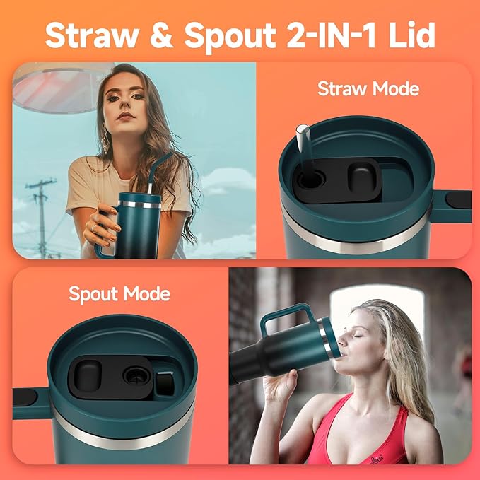 40oz Tumbler with Handle and Straw Spout 2-in-1 Lid, Spill Leak Proof Insulated Travel Cup Traveler Water Mug Keep Cold Hot, Dishwasher Safe Stainless Steel Bottle Gifts for Women Men, Indigo Black