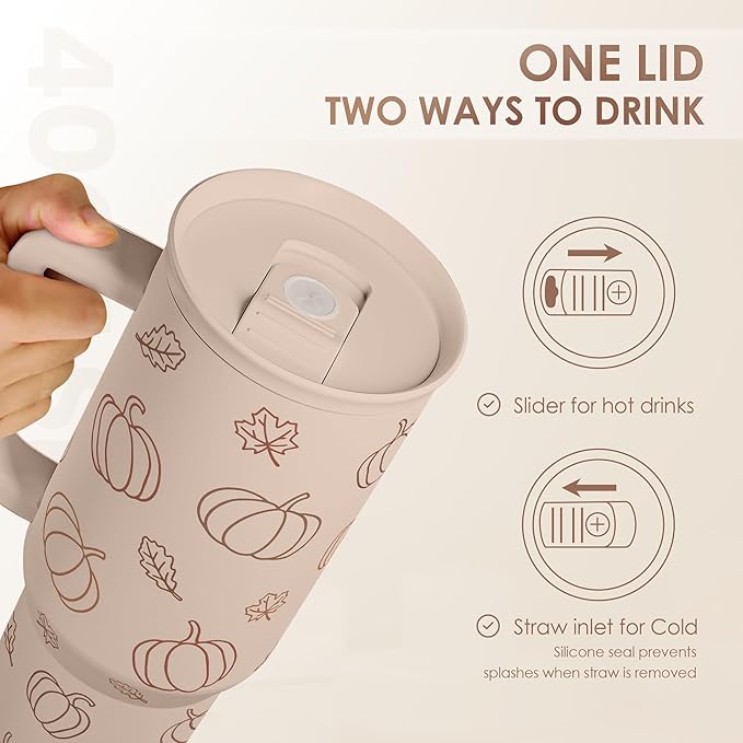 Pumpkin Tumbler with Handle and Straw 40oz – Stainless Sleel Slider Tumbler Travel Coffee Mug for Women - Gift Idea for Fall Autumn Halloween