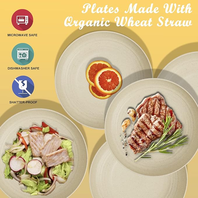 Wrova Wheat Straw Plates - 9 Inch Unbreakable Dinner Plates Set of 8 - Dishwasher & Microwave Safe Plastic Plates Reusable - Lightweight Plates for kitchen,R.V. (Beige)
