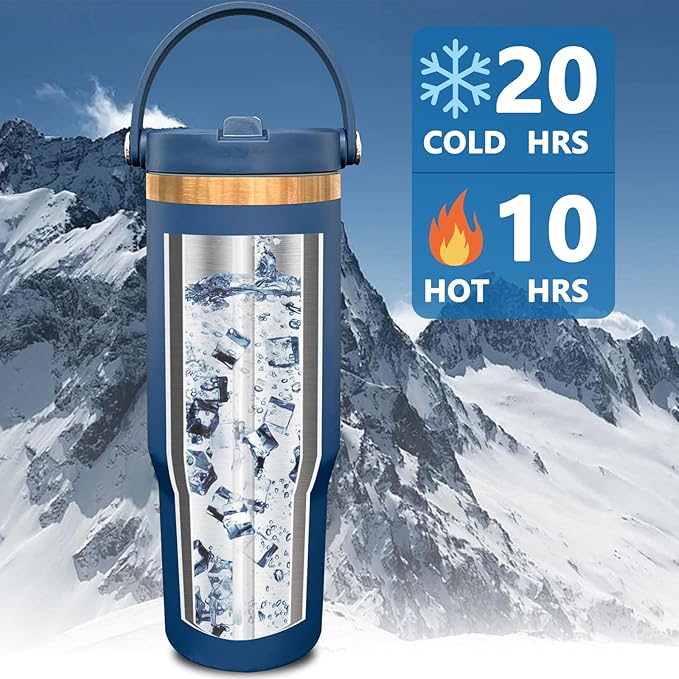 30 oz Tumbler Bulk with Handle and Straw, Vacuum Insulated Tumblers with Flip Straw and Top Handle, Leakproof Powder Coated Tumbler, Stainless Steel Travel Mug for Coffee Water (Navy, 4 Pack)