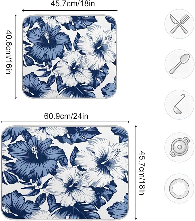 Blue White Hibiscus Flowers Dish Drying Mat for Kitchen Counter Super Absorbent Dishes Pad Reversible Microfiber Protector Dish Draining Mats 18x24 inch