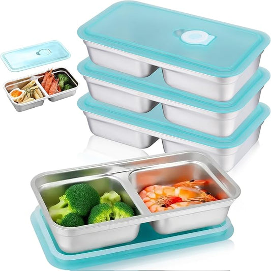 4Pcs Grab and Go Snack Containers Reusable, Stainless Steel Double Compartment Snack Containers, Dishwasher-Reusable Condiment Containers with Lids, Travel & Outdoor Camping Food Storage