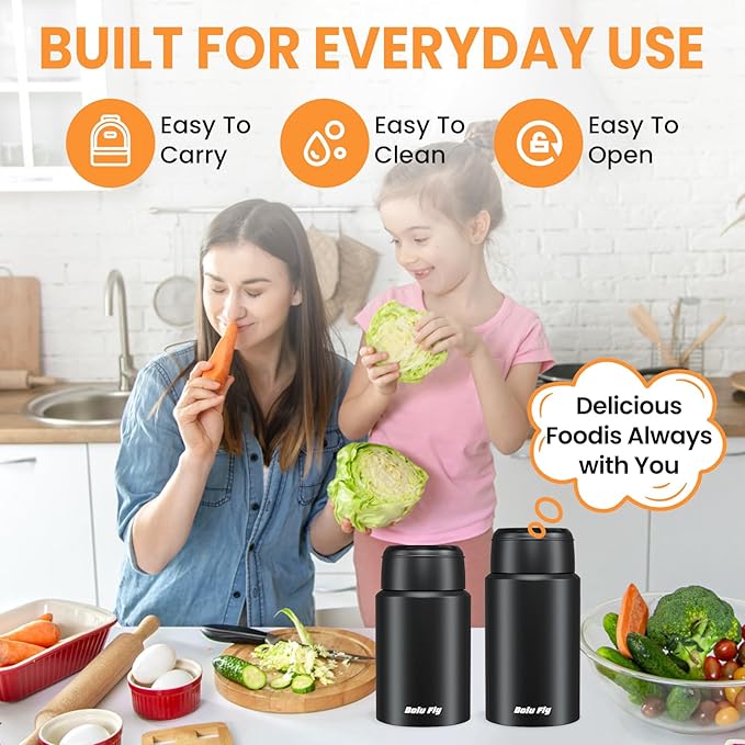 2 Pack Soup Thermo for Hot Food for Adults, Insulated Food Jar, Stainless Steel Vacuum Thermal Lunch Box Containers with Carry Bag and Spoon (18.5oz, 27oz) (Black)