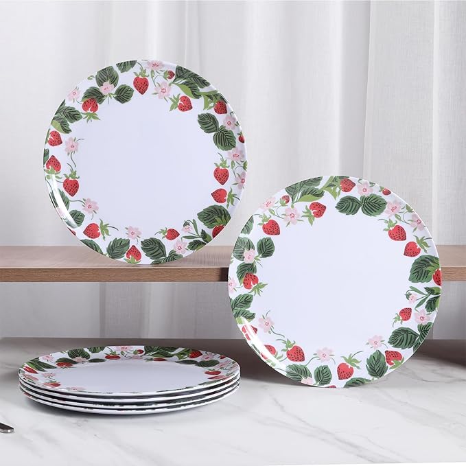 6-Pack Melamine Dinner Plates - 10 Inch Lightweight, Durable & Unbreakable Round Plates for Indoor/Outdoor Use - Strawberry