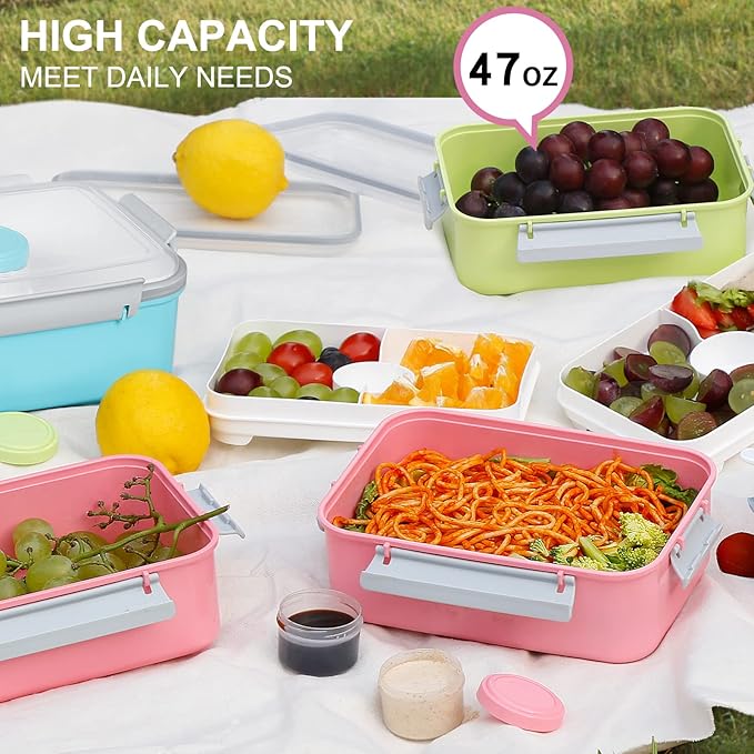 3 Pack Salad Lunch Box Food Storage Containers, 47oz Bento Box To Go Container with Lids, Meal Prep Containers with Removable Tray & Dressing Pots for Kids and Adults, Reusable and Microwavable