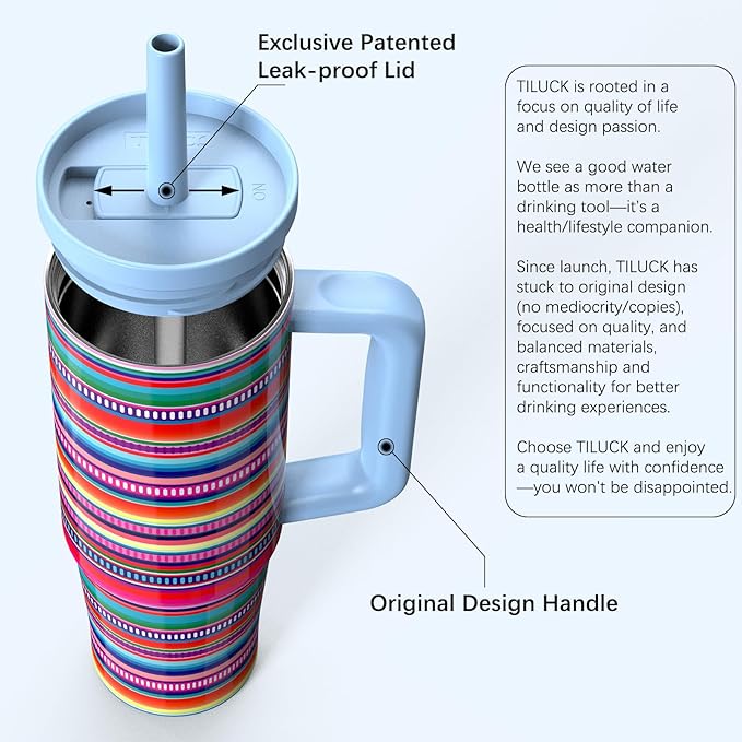 TILUCK 30 oz Tumbler with Handle, Vacuum Insulated Stainless Steel Travel Mug with 100% Leak-Proof Silicone Straw Lid, Cupholder Friendly Water Bottle(RainbowStripes, 30oz)