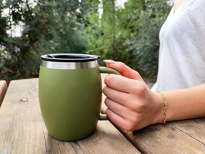 Stainless Steel Insulated Coffee Mugs Set of 2 (14oz) – Double Wall Coffee Cups With Spill Resistant Lid & Strong Handle, Shatterproof Cups for Cold Drinks, Hot Beverages, Indoor & Outdoor Use