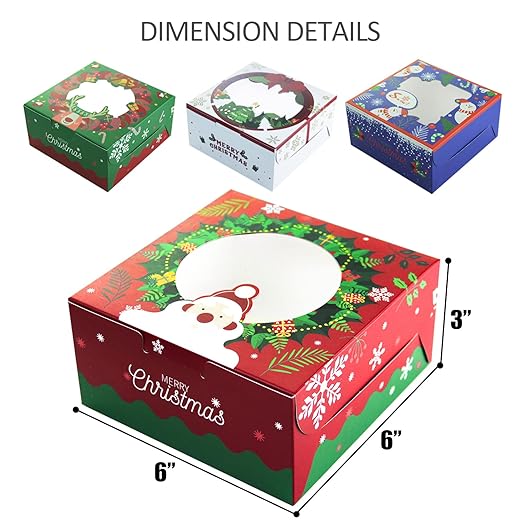 qiqee Christmas Bakery Box with Window 60packs 6x6x3 Cookie Boxes Pastry Box for Christmas