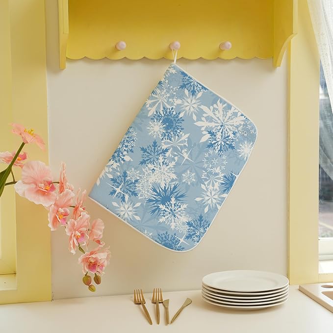 Christmas Dish Drying Mats 18x24 Inch White Blue Snowflake Drying Mats Xmas Winter Holiday Kitchen Decor Absorbent Drying Dish Pad Rack Drainer Mats for Kitchen Dining Room Counter