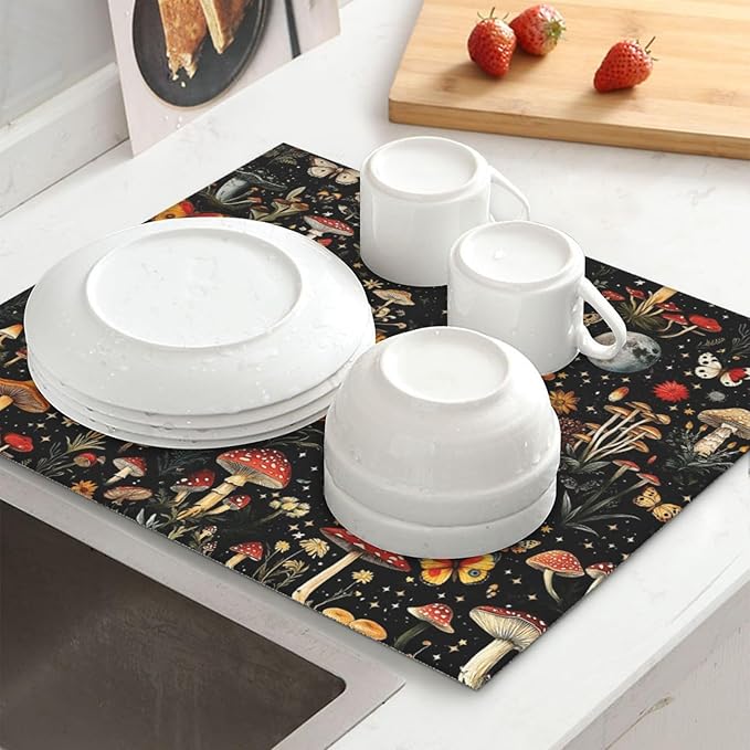 Black Forest Mushroom Butterfly Dish Drying Mats, Absorbent Microfiber Cute Decorative Kitchen Counter Mat, 16 x 18 inch, Washable, Reusable, Foldable for Dishes Utensils, Small Appliances, Home Decor