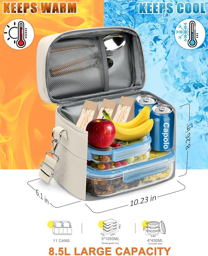 Capolo Lunch Box for Women Men Adults,Insulated Lunch Bag Leakproof Lunch Cooler Box with Removable Strap Cute Lunch Tote Bags Reusable Thermal Lunchbox for School Work Picnic(Small,Beige)