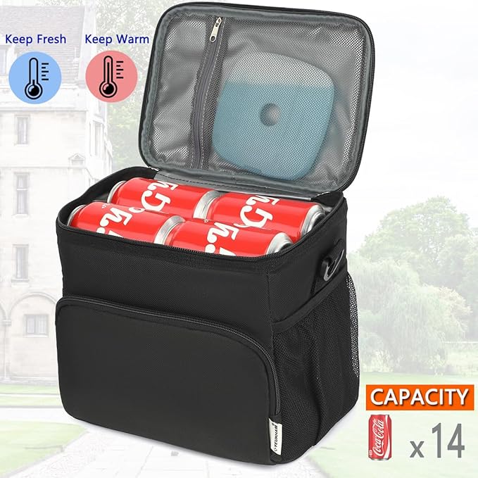 Unisex Insulated Lunch Bag, Black, 10.2 x 7.5 x 9 inches, Durable Oxford Fabric, PEVA Lining, 3+ Years