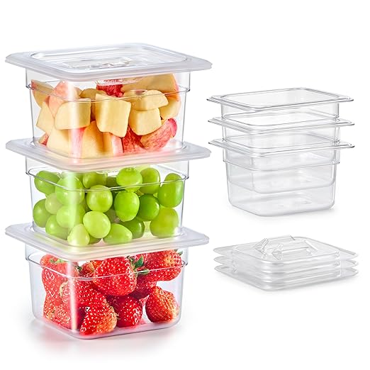 WILPREP 6 Pack Plastic Food Pans with Lids, 1/6 Size 4 in Deep Clear Food Storage Containers, 1.8 qt Stackable Polycarbonate Commercial Hotel Pans for Fruits Vegetables Beans Corns, NSF Listed