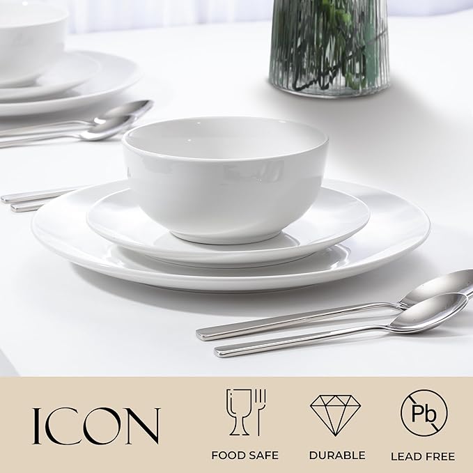 Zulay Kitchen Icon Porcelain Dinnerware Set, Service For 4 - Chip & Scratch Resistant White Plates And Bowls Sets - Microwave & Dishwasher Safe - White
