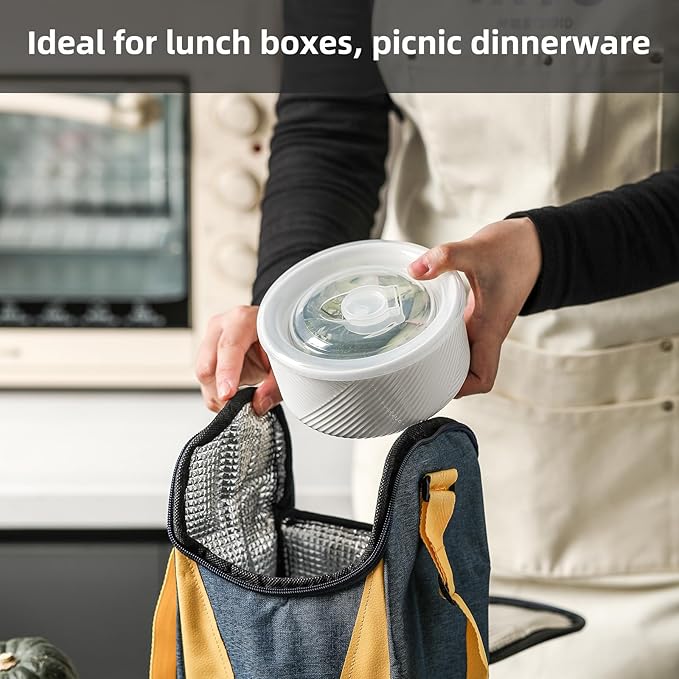 Ceramic Nesting Bowls with Lid: Microwave Safe Food Storage Containers for Work Lunch Picnic Camping Meal Prep Soup Salad Cereal Leftovers - 5 & 6 Inch, 20 & 32 oz, Set of 2, White