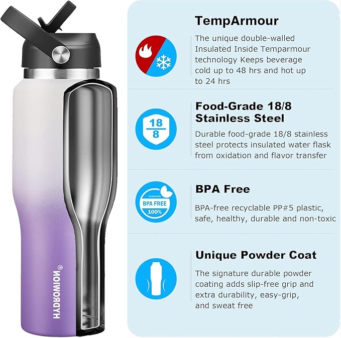 40 oz Insulated Water Bottle with Straw fit in Car Cup Holder(Cold 48 hrs, Hot 24 hrs) Drinking Bottle with Straw Lid, Spout Lid and Flex Cap Leakproof Travel Thermo Mug，White - Purple
